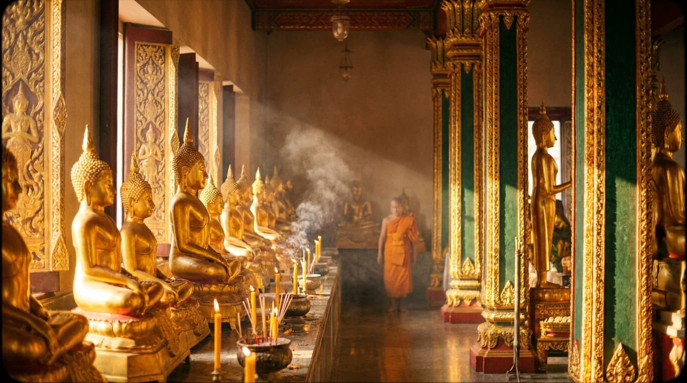 Goldener Buddha und thailändische Tempeldächer im weichen Morgenlicht