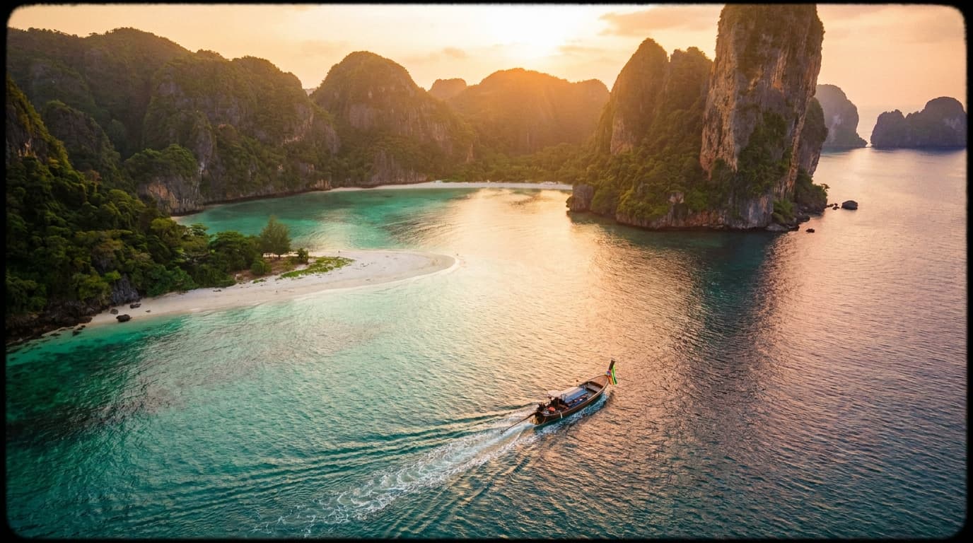 Türkisfarbene Andamanensee mit traditionellem Longtail-Boot vor einer einsamen Sandbank