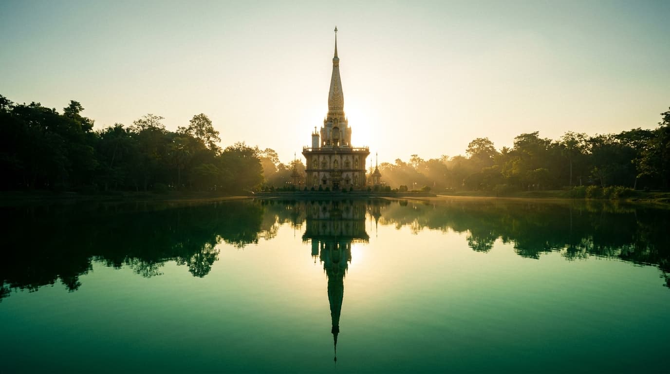 Vergoldeter Thai-Tempel über einer spiegelglatten Smaragd-Lagune in der goldenen Stunde