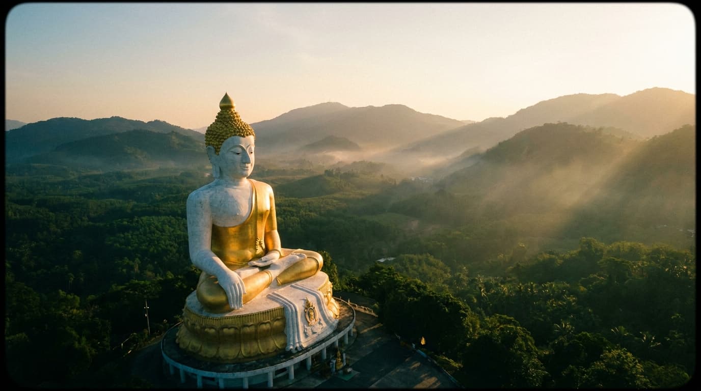 Der Grosse Buddha von Phuket in der goldenen Stunde über jadegrünen Hügeln