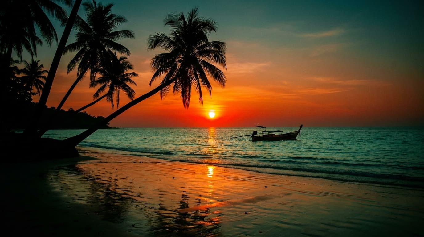 Sonnenuntergang über einer thailändischen Bucht mit Palmen und Longtail-Boot