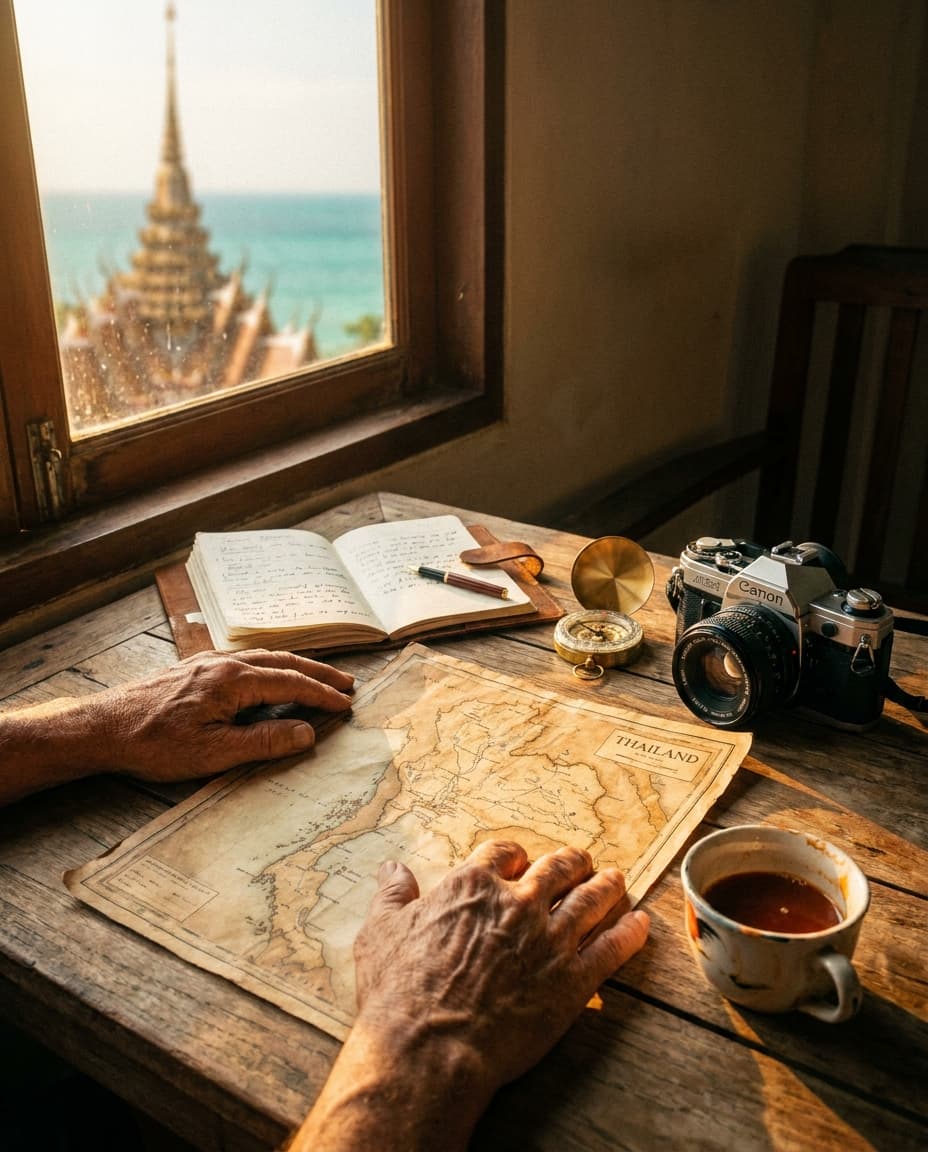 Hände planen eine Thailand-Reise mit Landkarte, Journal und Kompass