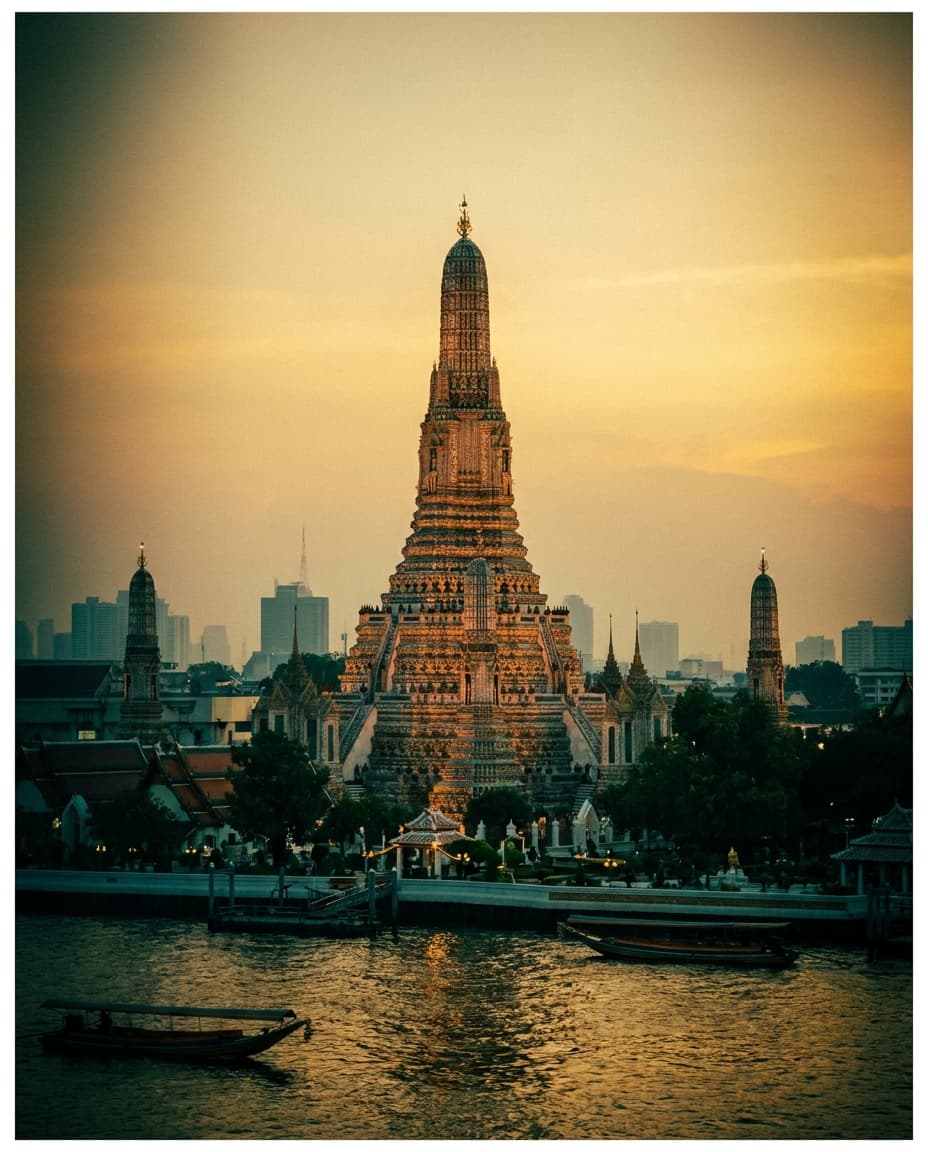 Der Tempel Wat Arun am Chao-Phraya-Fluss in Bangkok im goldenen Abendlicht