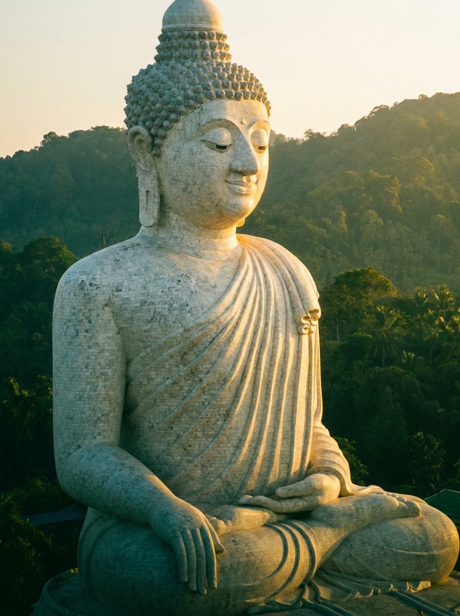Der 45 Meter hohe weisse Grosse Buddha von Phuket auf den Hügeln der Insel in der goldenen Stunde