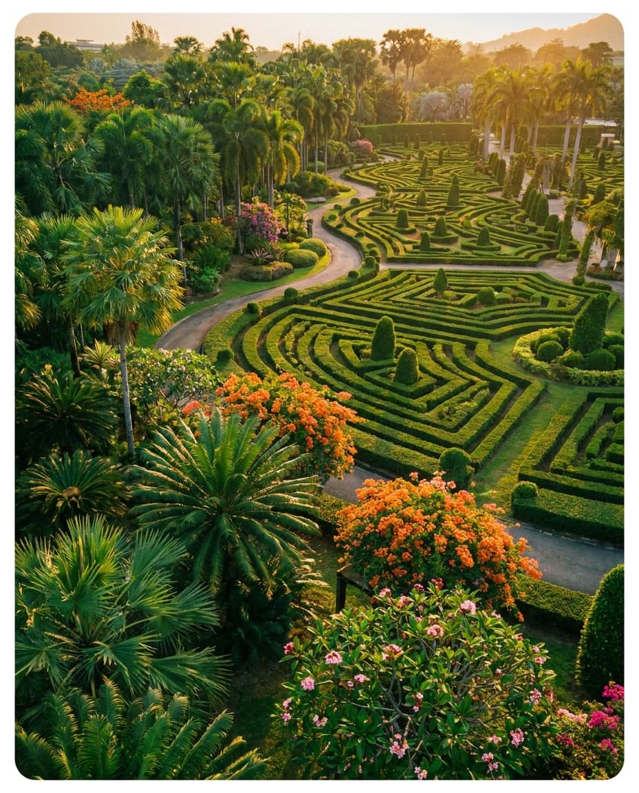 Kunstvoll angelegte Formschnitt-Gärten und Palmen im Nong Nooch Tropical Garden bei Pattaya