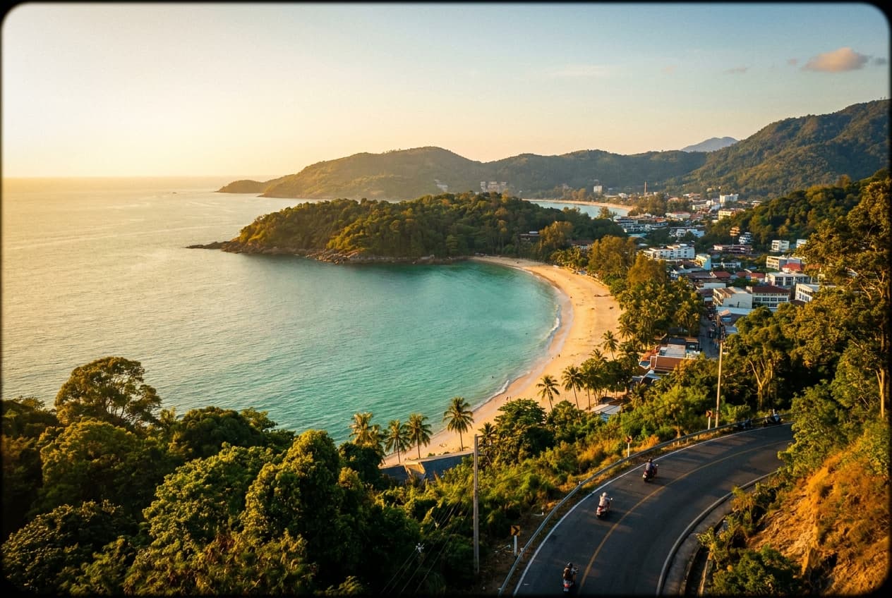 Die geschwungene Bucht von Patong auf Phuket mit türkisfarbenem Wasser der Andamanensee