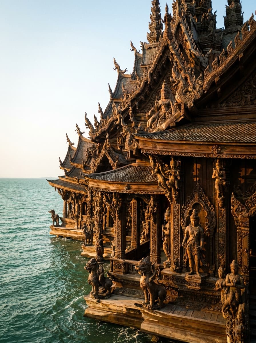 Der von Hand geschnitzte Teakholz-Tempel Sanctuary of Truth am Meer bei Pattaya