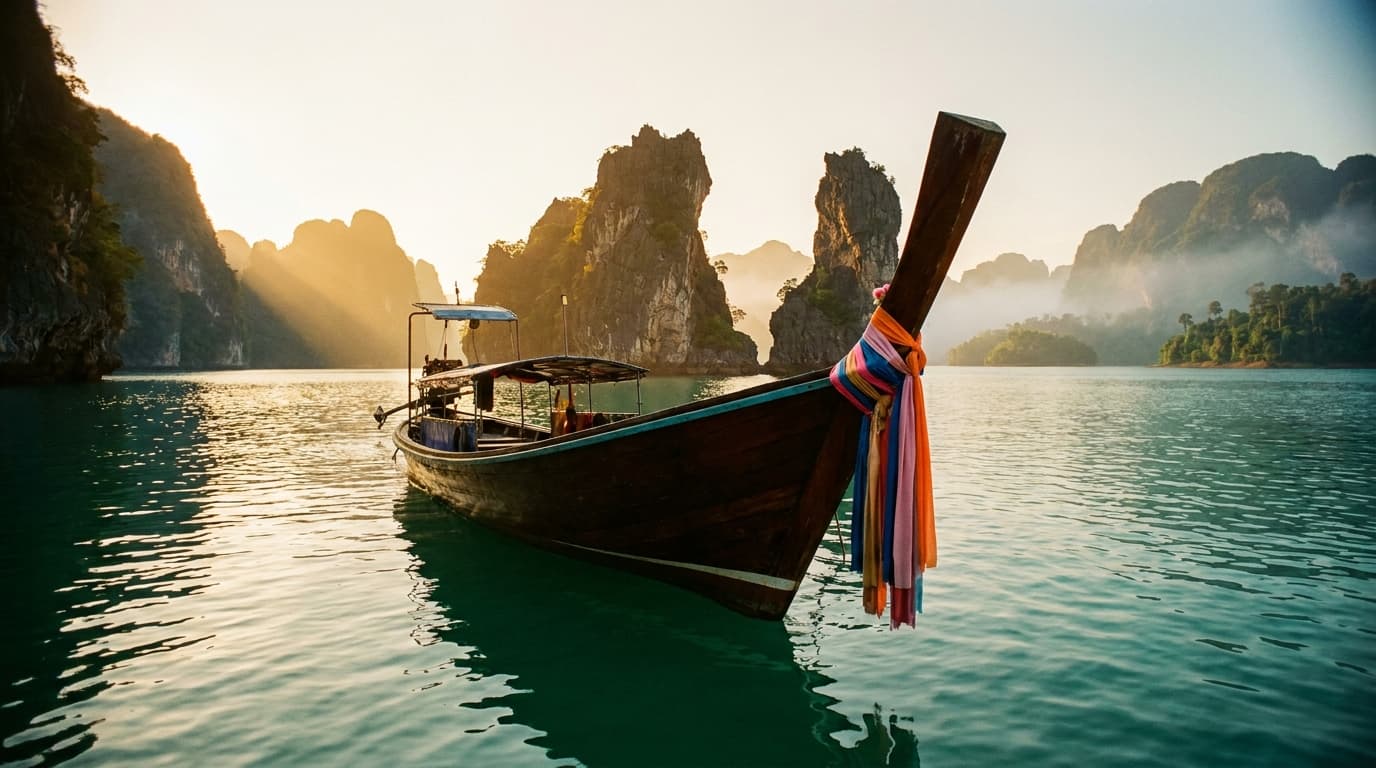 Traditionelles Longtail-Boot vor Kalksteinfelsen in der Andamanensee