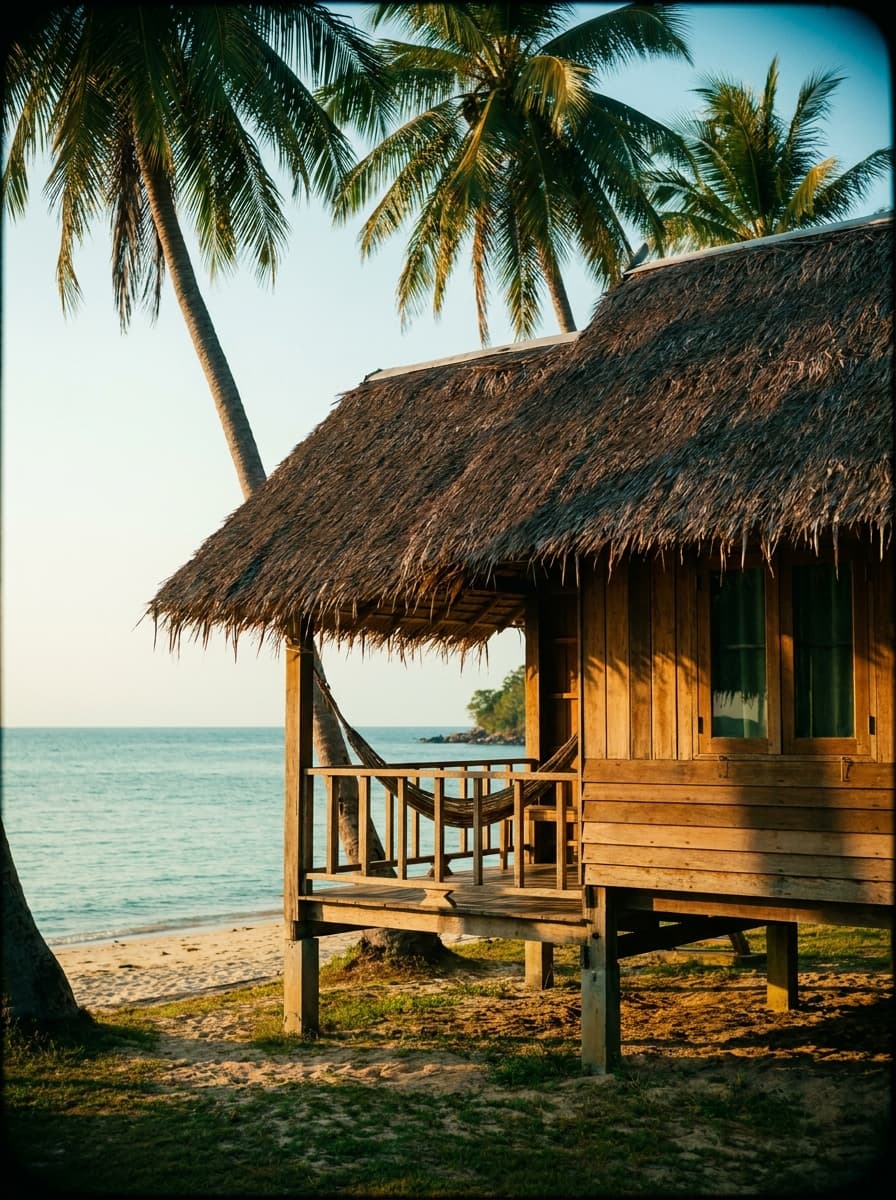 Einfacher Strandbungalow mit Hängematte am Meer